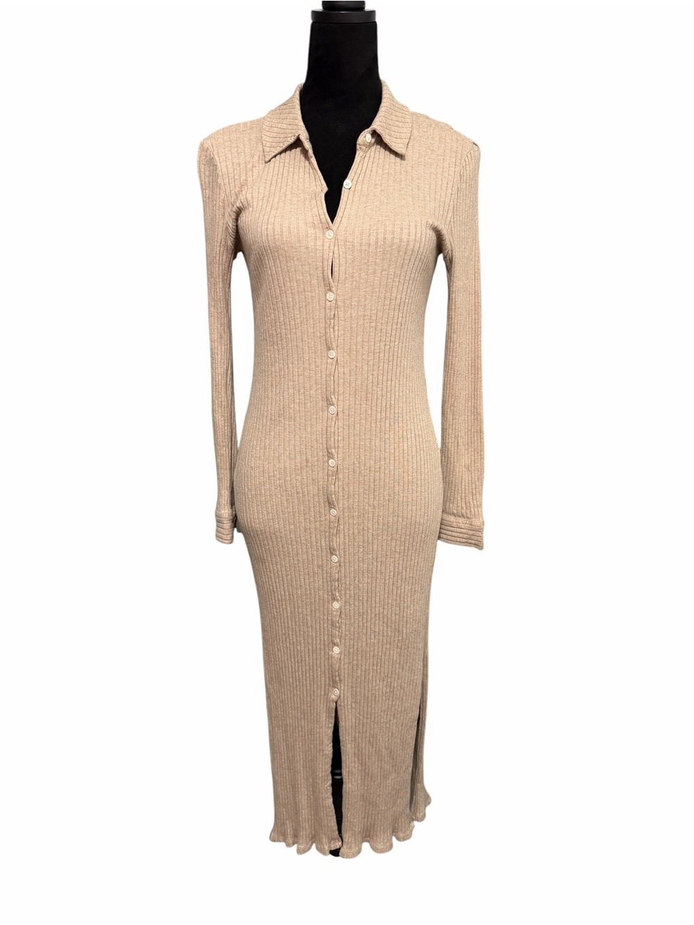 Theory Ribbed Button-Front Midi Dress Tan - Picture 2 of 10